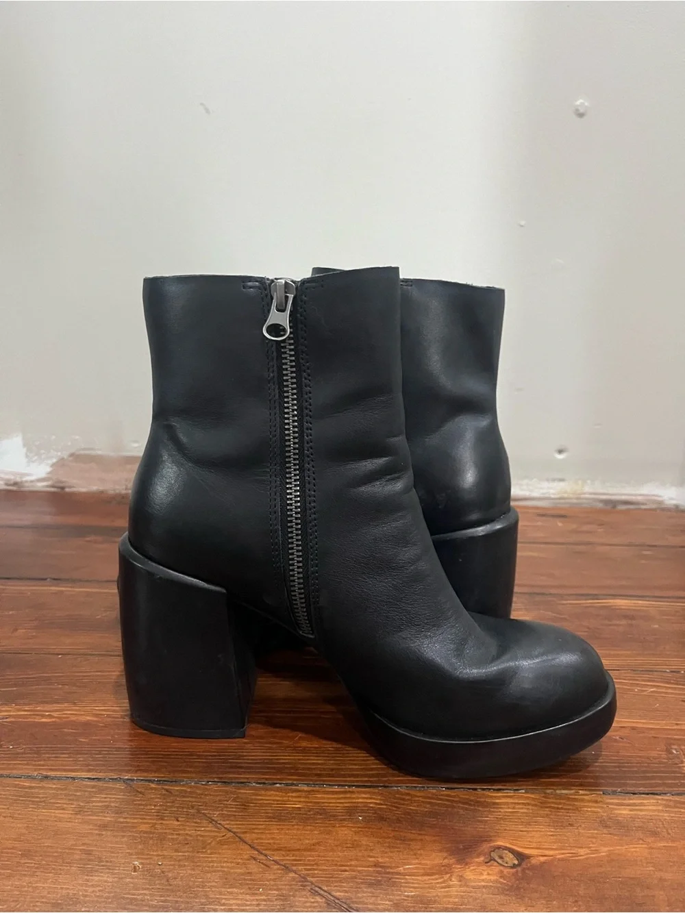 Kork-Ease Black Leather Platform Ankle Booties with Side Zip